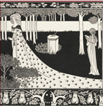 ink illustration of elegantly gowen women reading in a forest