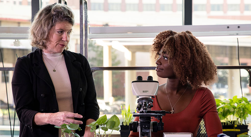 Female professor talking with a female student.