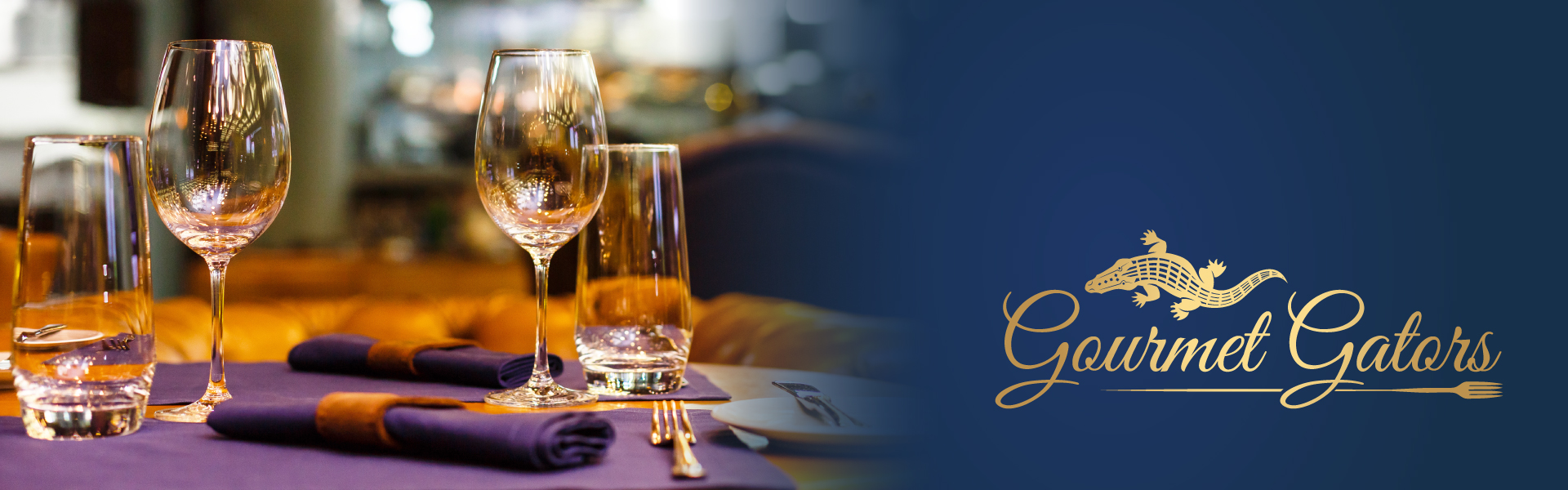 Table set for dinig with the logo of Gourmet Gators