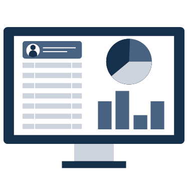 Decorative graphic of a screen with analytics and charts displayed.