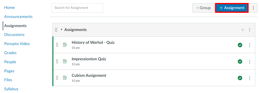 Assignments window, Canvas. In the upper right corner, the  "+ Assignment" button is highlighted by a red box.