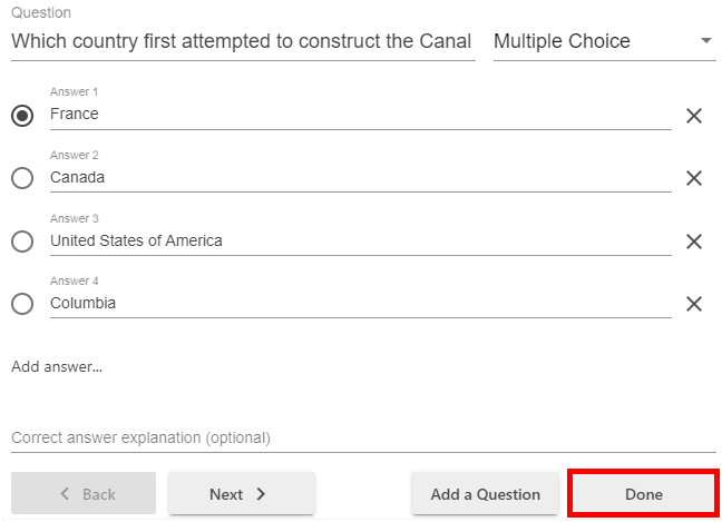 Multiple choice quiz form, on it the button "Done" is highlighted by a red box.