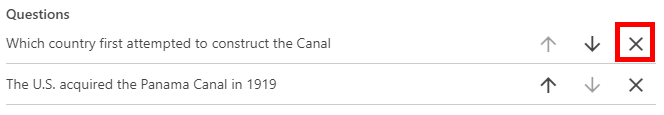 Question ordering form. The X to remove is highlighted by a red box.