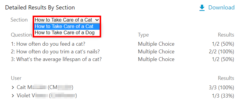 Quiz results summary page. On it, the "Section" drop down menu is highlighted by a red box.