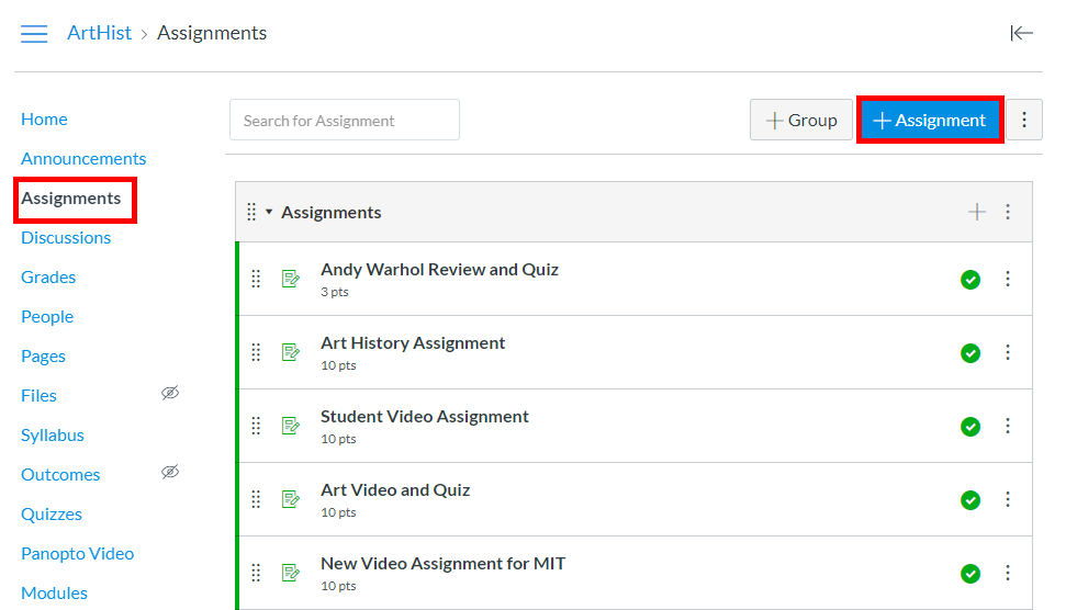 Assignments tab, Canvas. "Assignments" in the left-hand navigation is highlighted by a red box, and in the upper right corner, the "+ Assignment" button is highlighted by a red box.