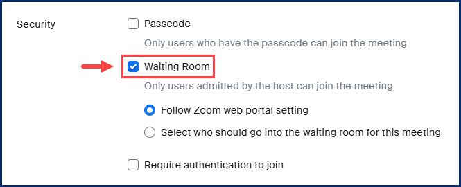 A screenshot of Enable the waiting room feature in a Zoom meeting.