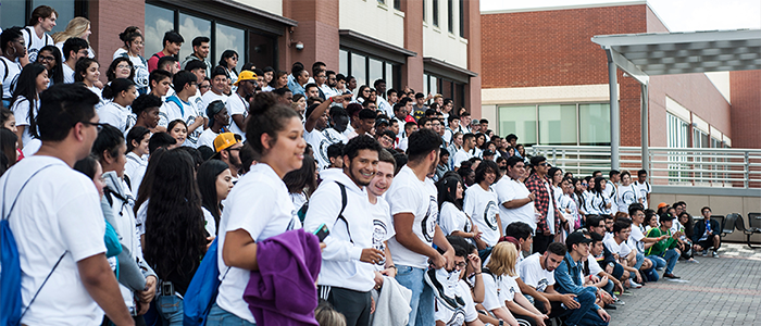 UHD Students gathering on the north deck for a special event.