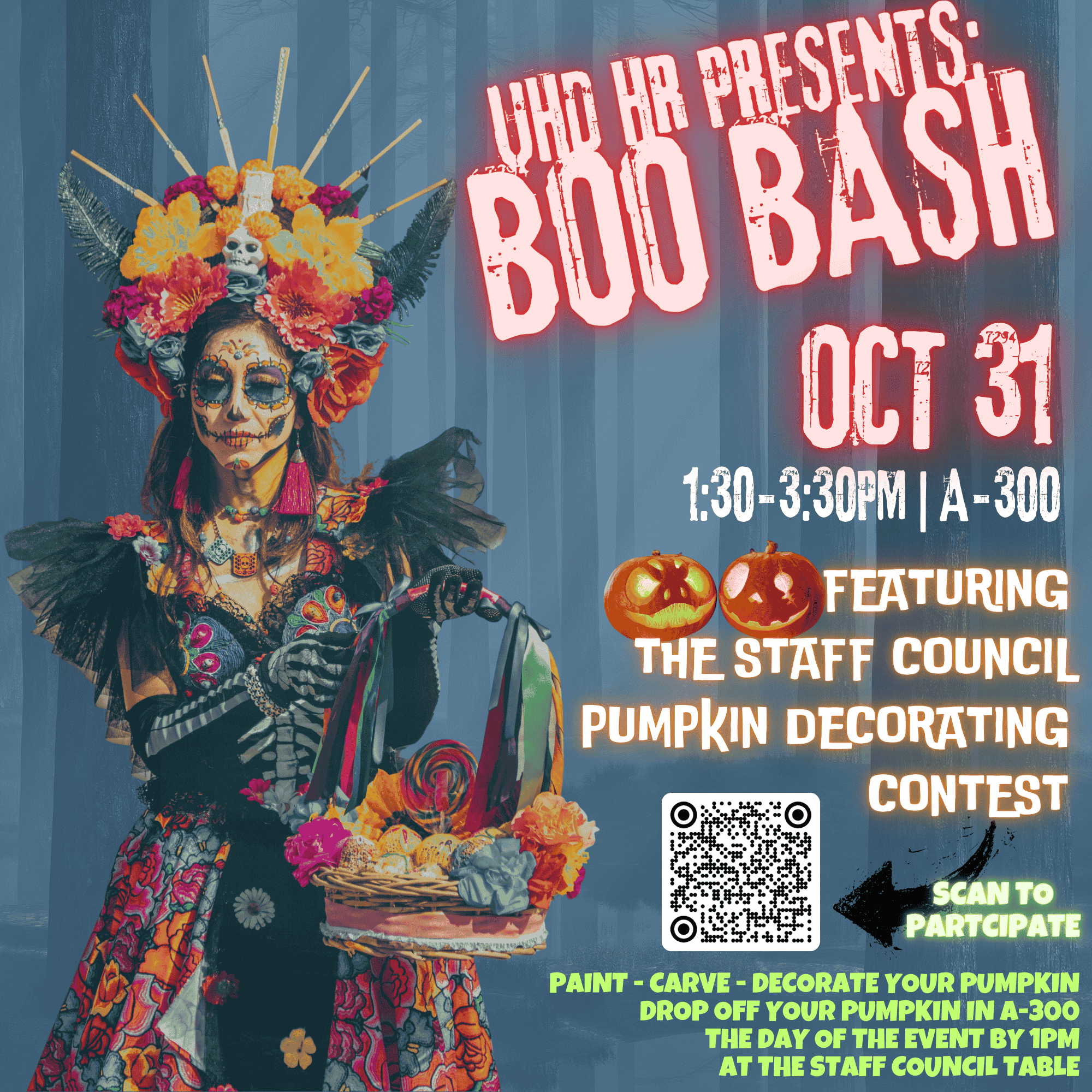 2025 Boo Bash flyer with a lady dressed in dia de los muertos attire with Boo Bash event details.