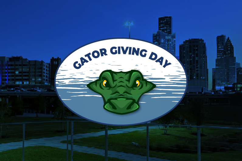 Gator Giving Day logo in front of Houston skyline at night
