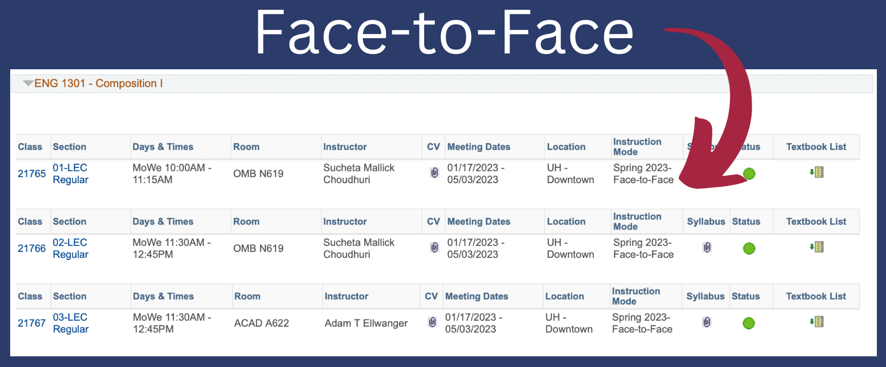 example of class schedule with a face-to-face course