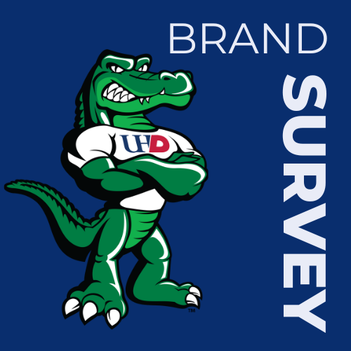 University of Houston Downtown's mascot Ed-U-Gator wears a brand t-shirt. Text reads, 