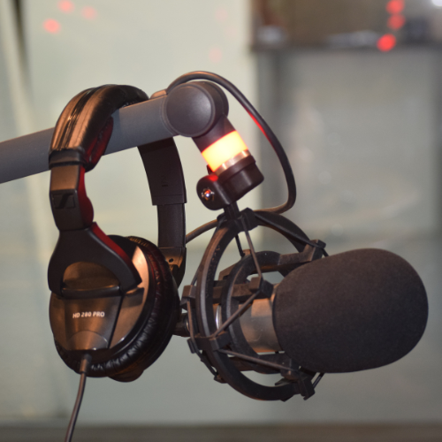 headphones and a microphone in radio studio