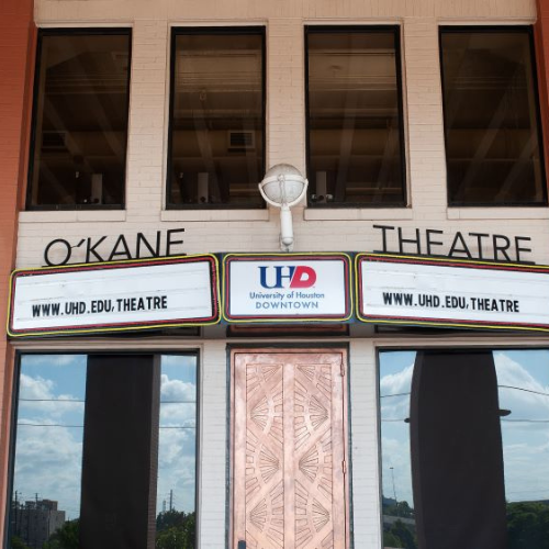 Exterior of O'Kane Theatre at the University of Houston Downtown. Sign reads 