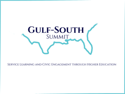 Contour of the southern United States. Text reads Gulf-South Summit, service learning and civic engagement through higher education. 