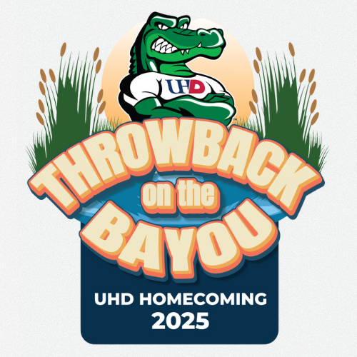 university of houston-downtown mascot ed u gator folds its arms aside reeds. text reads throwback on the bayou and uhd homecoming 2025