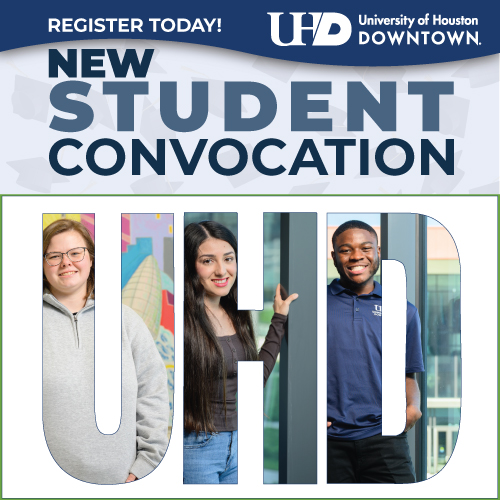 Three University of Houston-Downtown students smile. Text reads 