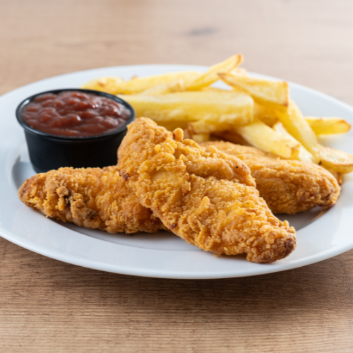 A plate of chicken tenders and a side of ketchup. Chicken tenders are available at the University of Houston-Downtown's Food Court. 